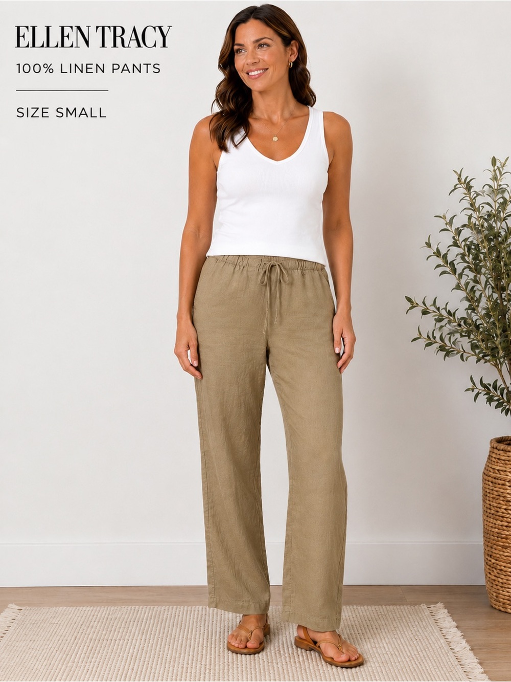 Ellen Tracy 100% Linen Drawstring Pants Flax Beige Cottagecore coastal casual/S